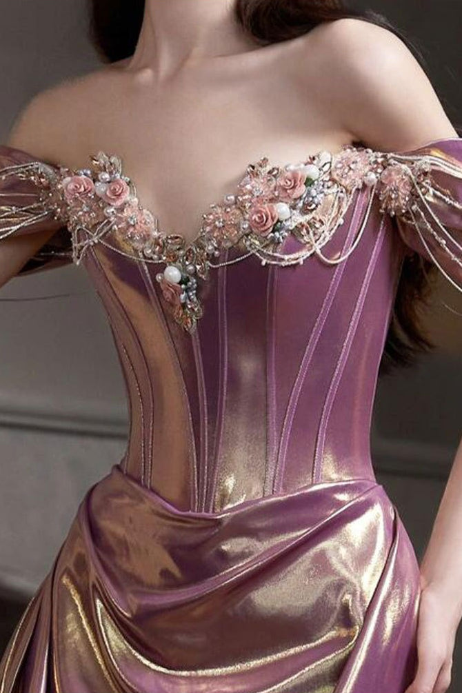 Off Shoulder Sweetheart Ruched High Split Mermaid Gown in Purple - View 6