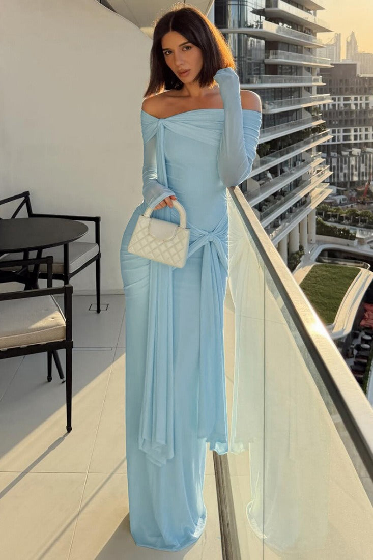 Off Shoulder Long Sleeve Draped Wrap Maxi Gown 5