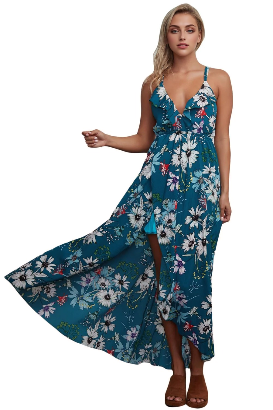 Floral Print Ruffle V-Neck Spaghetti Strap Maxi Dress