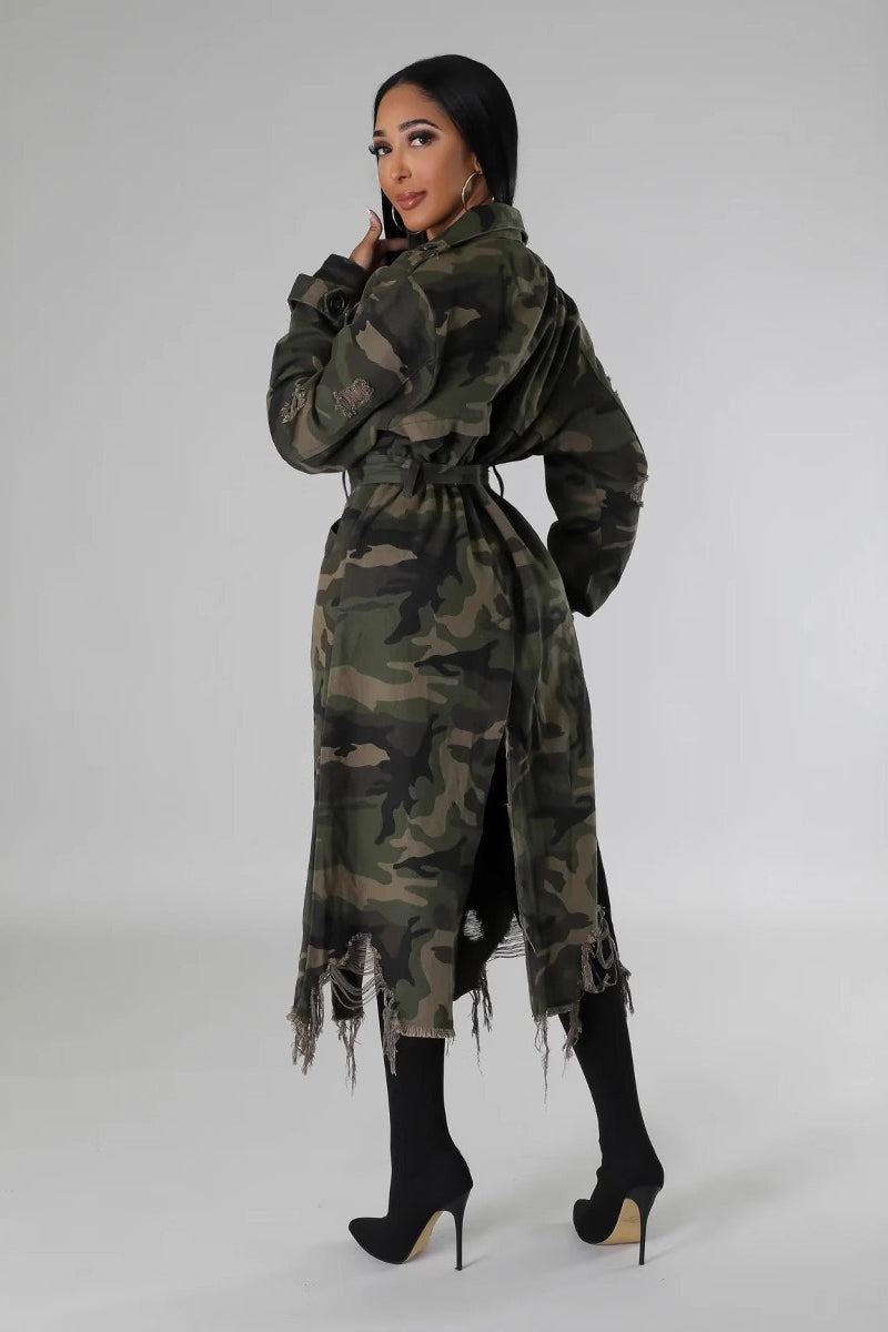 Distressed Camo Long Overcoat for Stylish All-Season Wear
