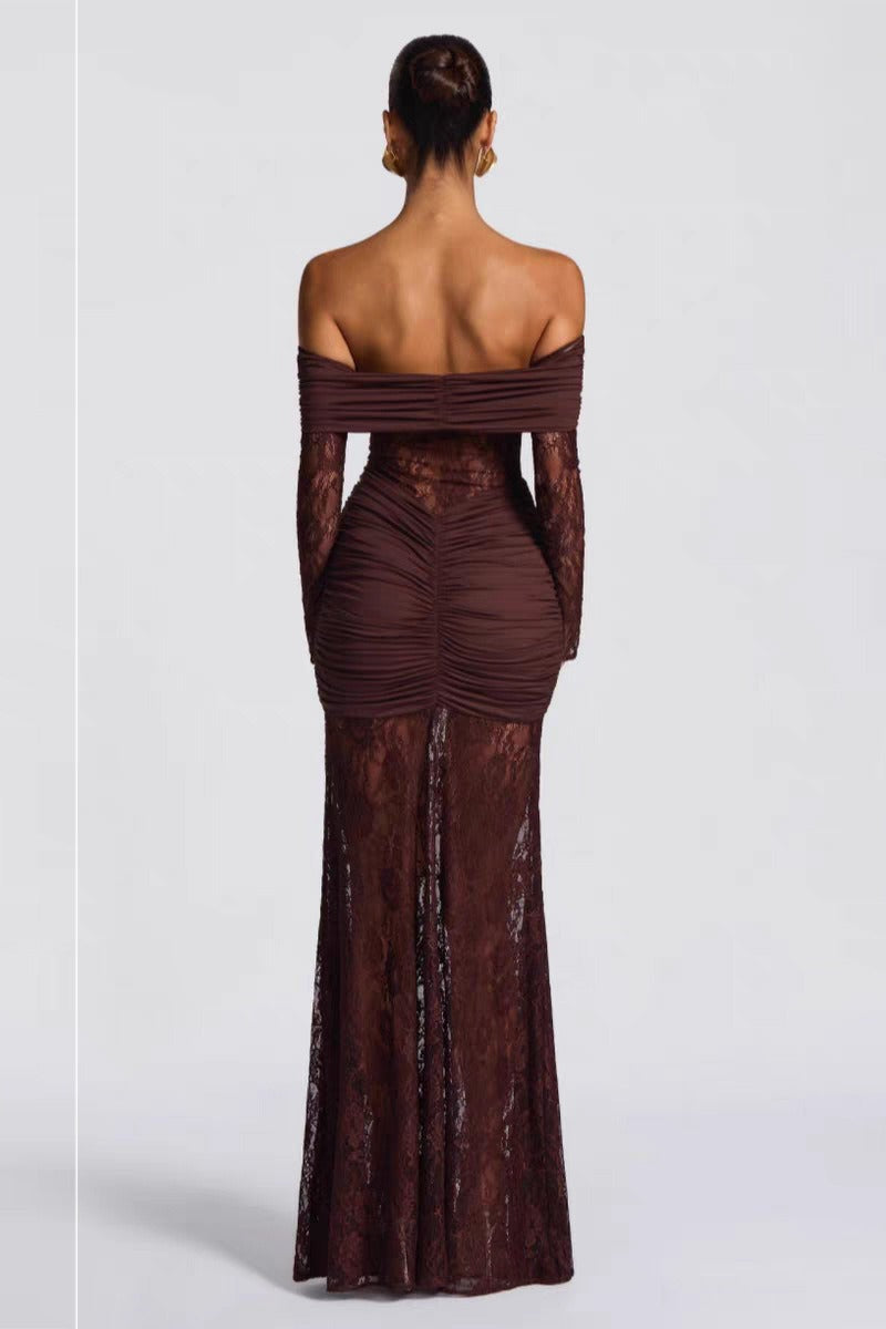 Lace Off Shoulder Long Sleeve Ruched Mermaid Gown - View 5