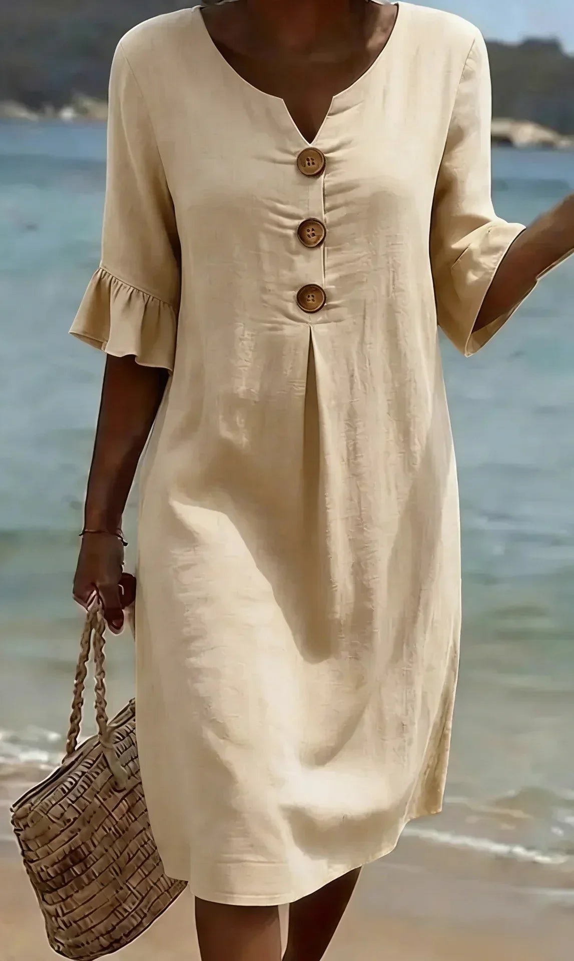 V-Neck Button Placket Flutter Sleeve Linen Look Midi Dress 9