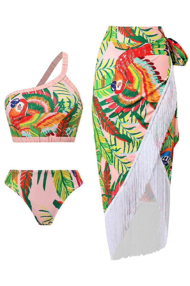 Bird Print Tassel Design One Shoulder Two Pieces Swimsuit With Cover Up - Fashionpara