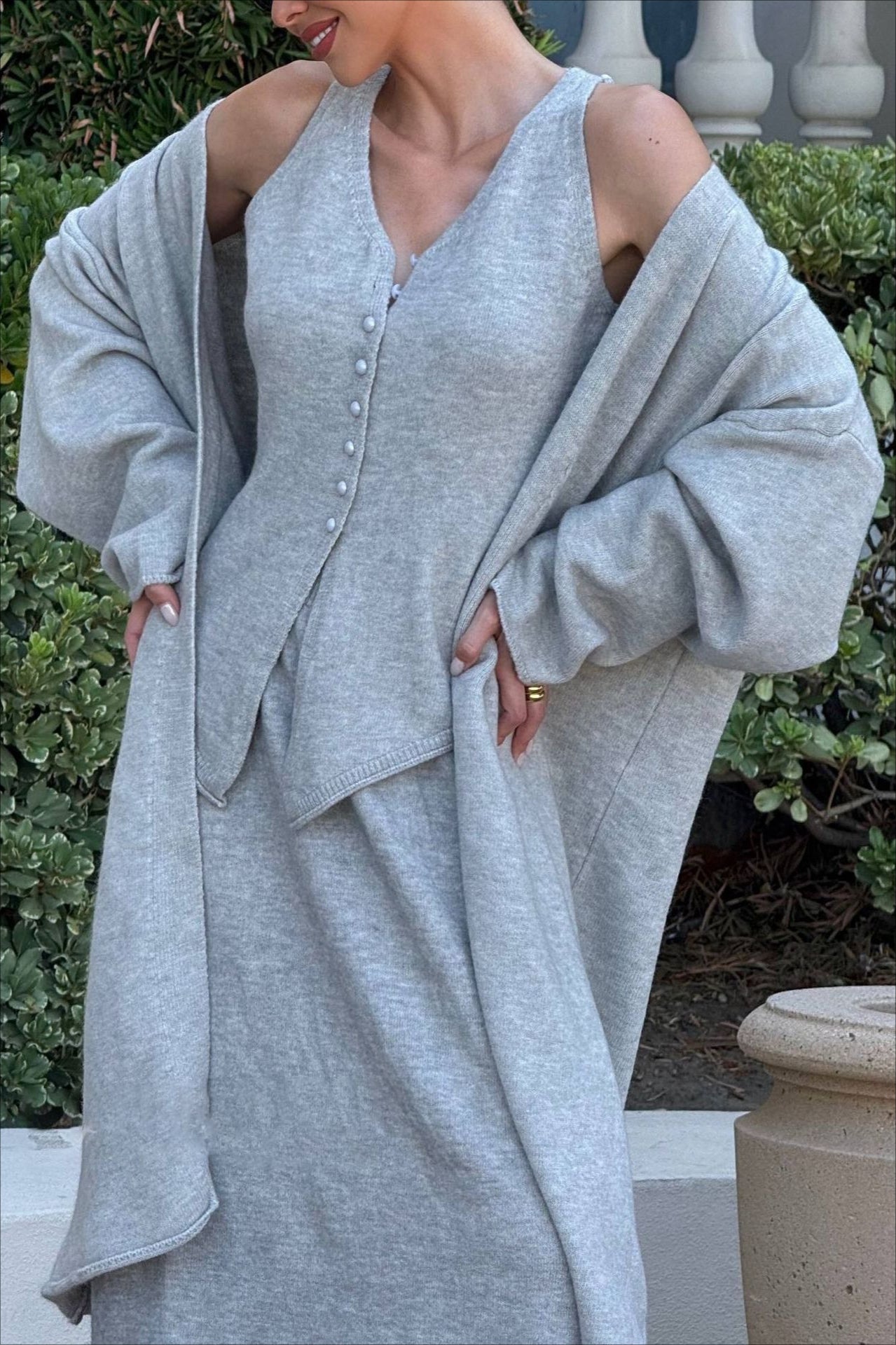 Vintage Gray Knit Jacket Vest & Maxi Skirt Three Piece Set