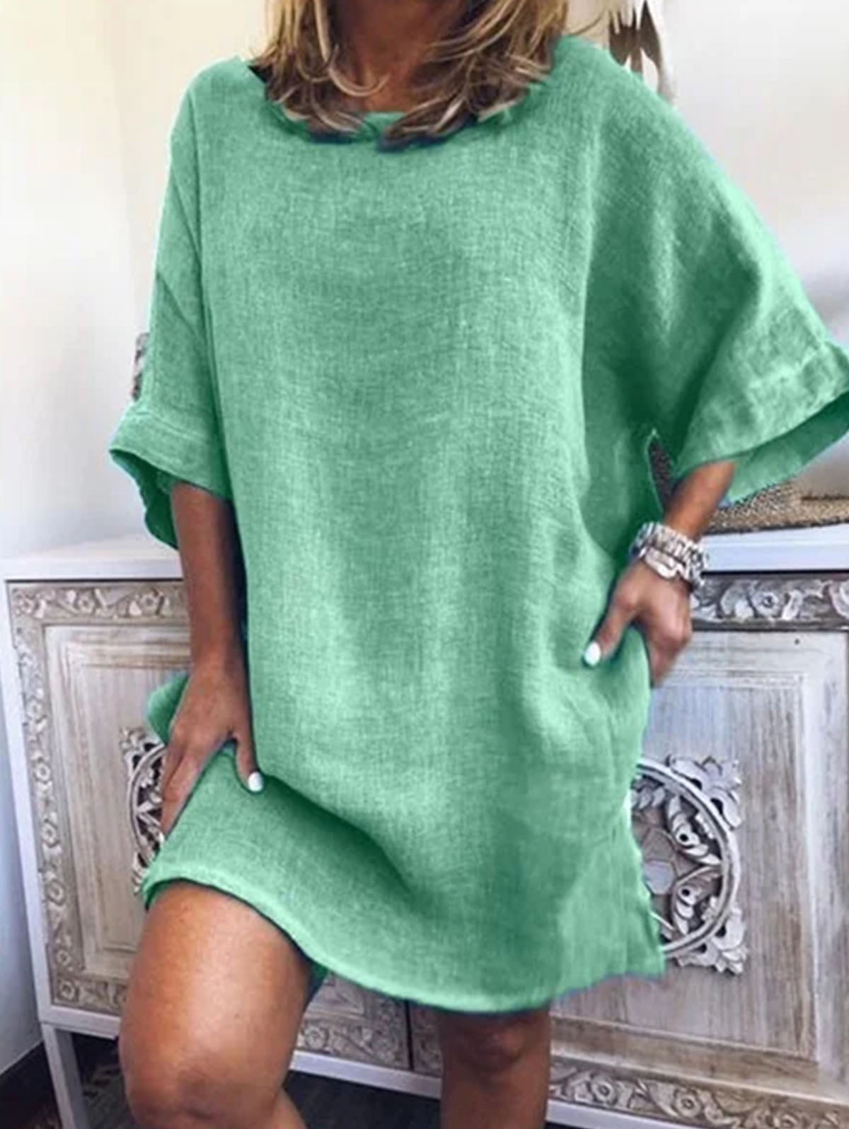 Linen Look Drop Shoulder Round Neck Pocket Relaxed Shift Mini Dress - View 2