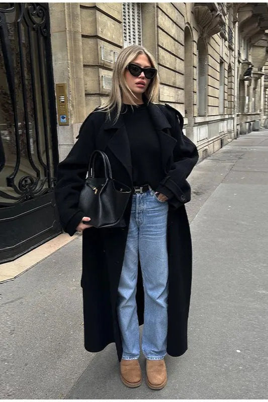 Elegant Double-Breasted Long Overcoat with Turn-Down Collar