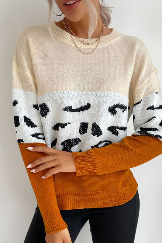 Contrast Leopard Pattern Knit Sweater for Stylish Comfort