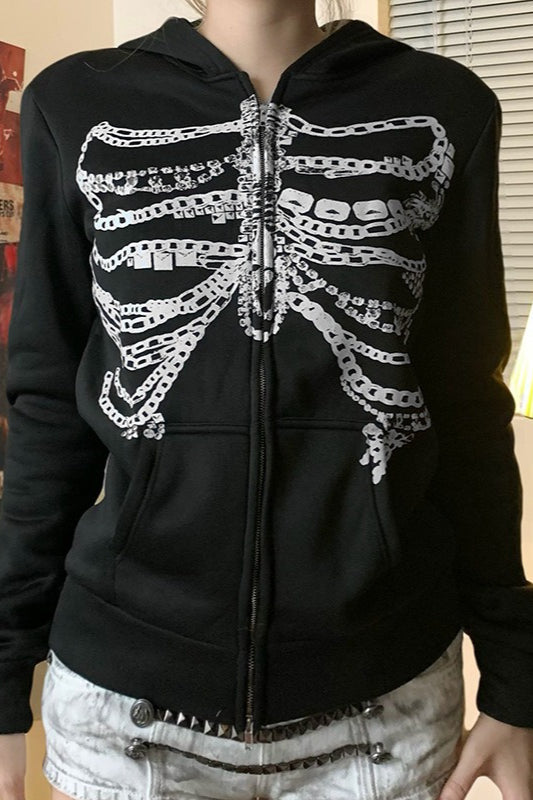Street Style Skeleton Print Zipper Hoodie - Fashionpara