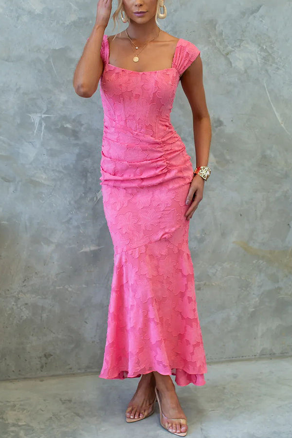 Unreal Beauty Floral Textured Material Ruched Fishtail Maxi Dress - Fashionpara