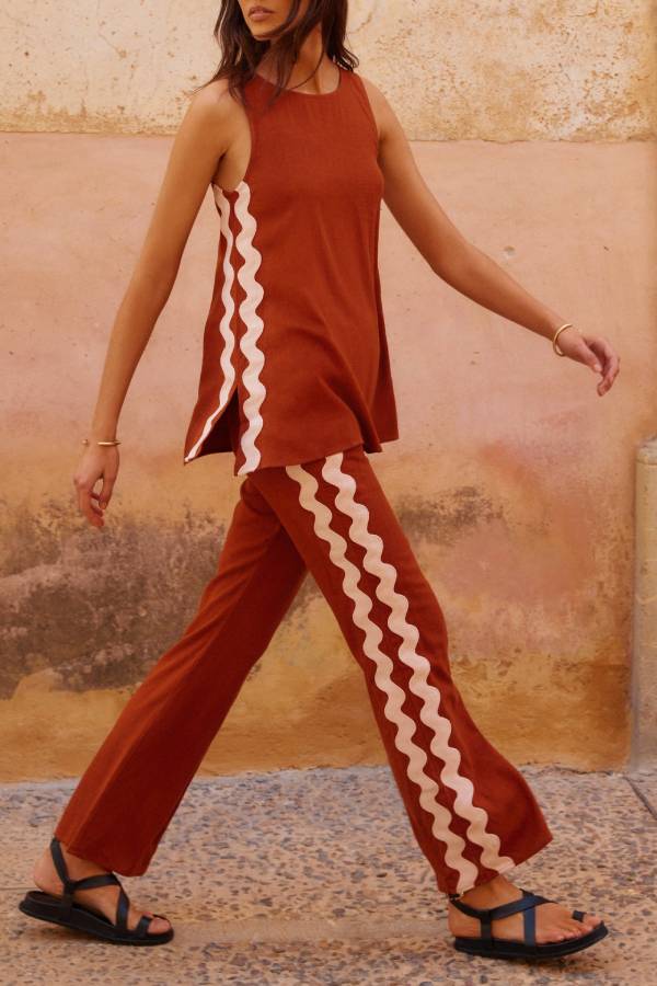 Tash Linen Blend Ric Rac Wave Trim Tank and Elastic Waist Pocket Flare Pants Set - Fashionpara