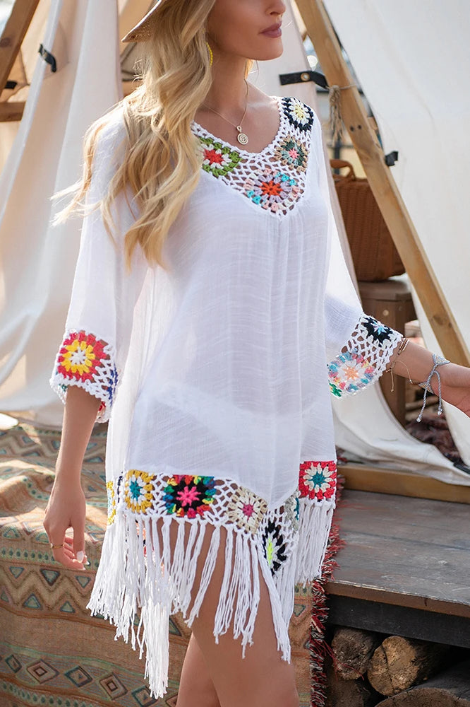 Crochet Fringe Tassel V-Neck Beach Cover Up Dress 4