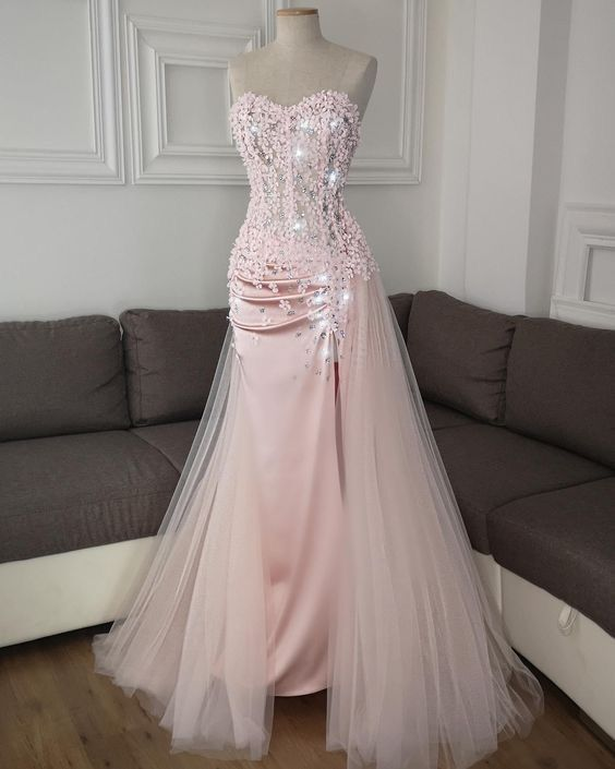 Pink Long Prom Dress With Slit Sleeveless Flower Formal Gown - Fashionpara