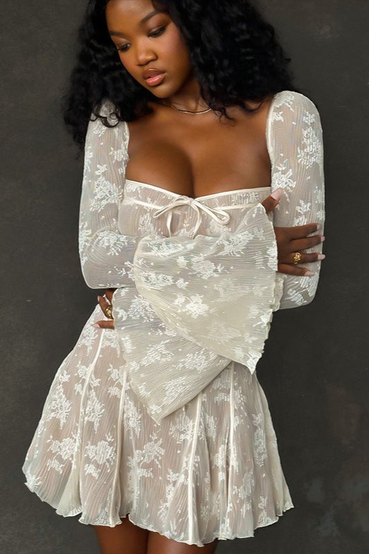 Floral Lace Sweetheart Off-Shoulder Corset Flared Mini Dress