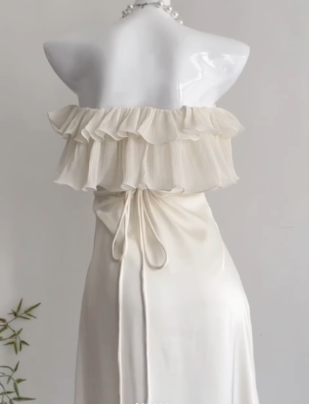 Classy Strapless White Satin Chiffon Long Prom Dress Birthday Party Dress D643