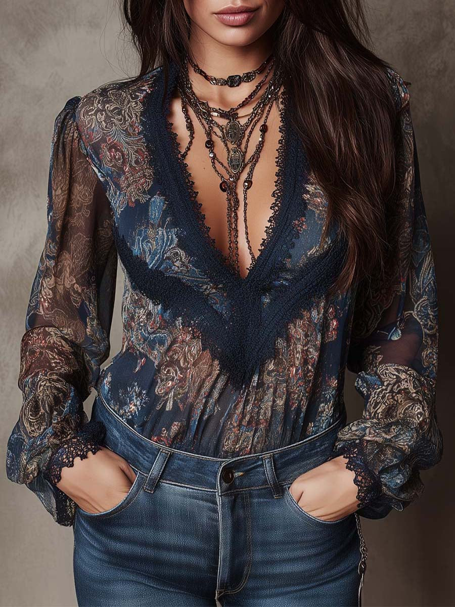 Boho Vintage Floral Blouse Sheer Lace Shirt - Fashionpara