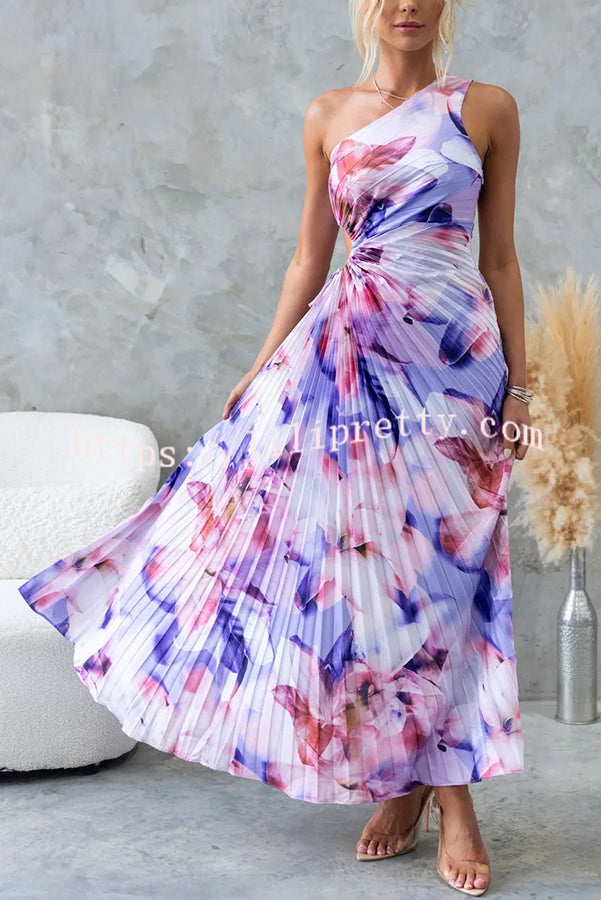 Laken Floral Print One Shoulder Adjustable Tie Cutout Pleated Maxi Dress - Fashionpara