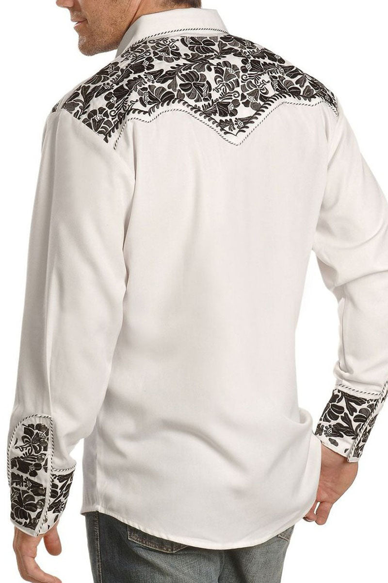 Mens Washed Embroidered Retro Long Sleeve Western Shirt