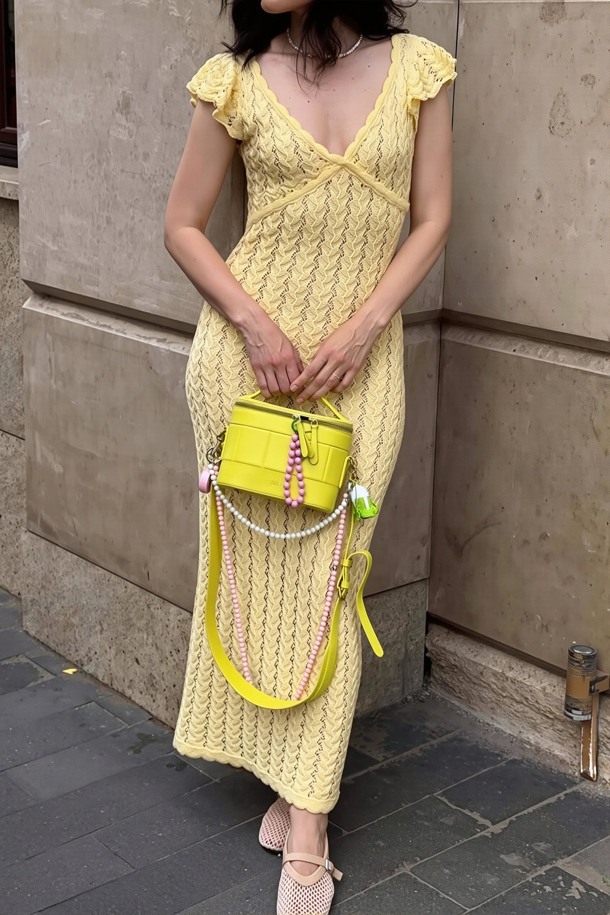 Crochet Knit V-Neck Flutter Sleeve Bodycon Maxi Dress