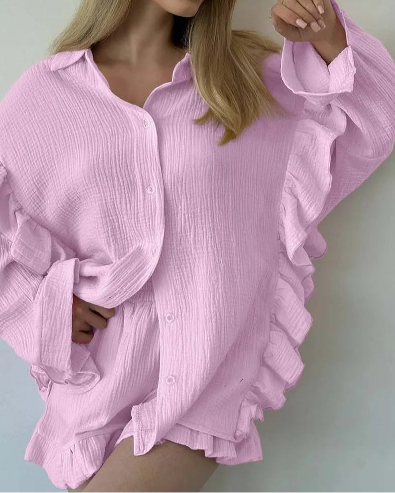 Blue Cotton Lapel Ruffled Shirt Office Two Piece Set