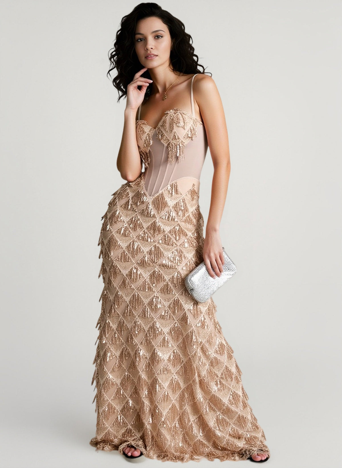 Sequin Fringe Corset Sweetheart Mermaid Gown