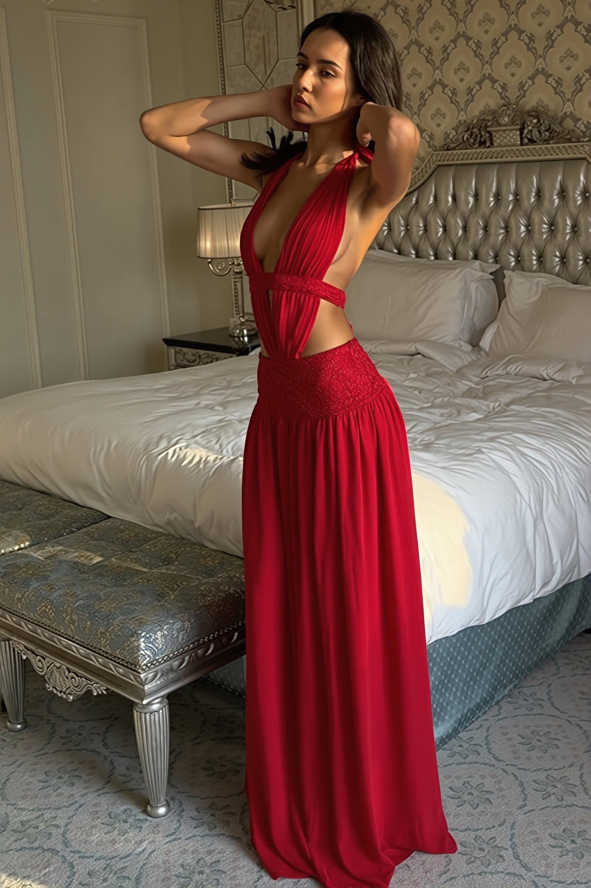 Deep V Cut Out Open Back Maxi Gown
