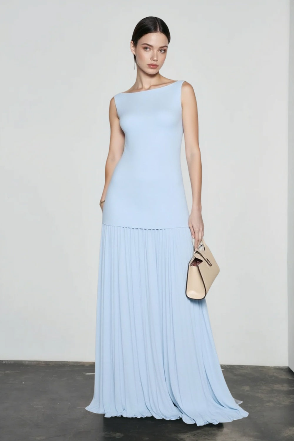 Boat Neck Pleated Drop Waist Maxi Dress