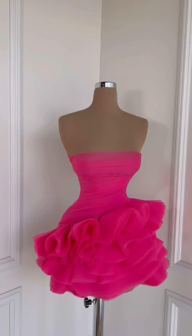 Hot Pink Strapless Sexy Pleated Sheath Cocktail Dress Short Party Dress Homecoming Dress D452