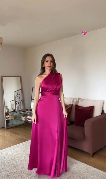 Classy Hot Pink Satin A Line Long Evening Dress Birthday Party Gown D1364