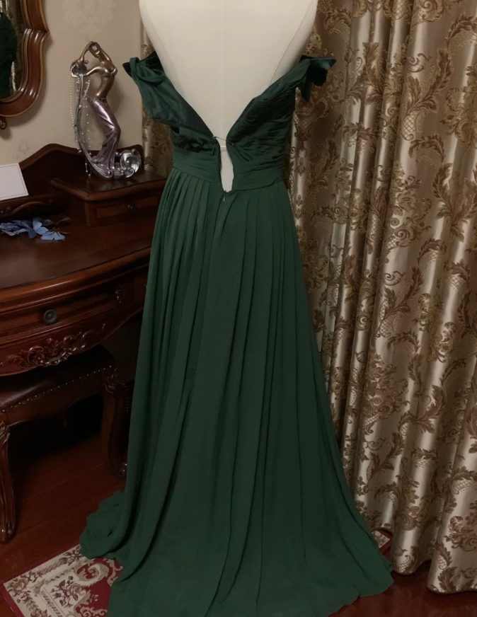 Vintage Green Off The Shoulder Satin Pleated Long Wedding Guest Dress Party Dress Prom Gown D1778