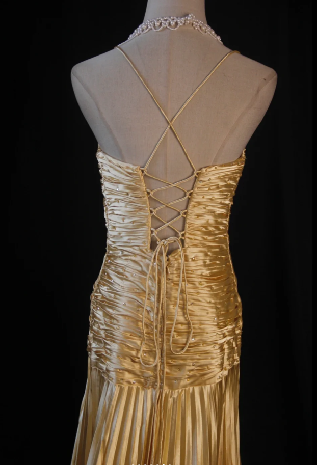 Stylish Spaghetti Straps Gold V Neck Satin Pleated Beaded Long Party Dress Formal Wedding Guest Dress D1161