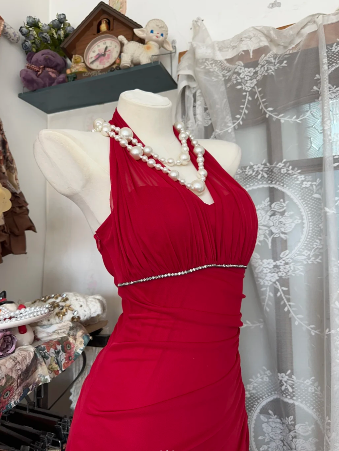 Charming Halter Red Chiffon Beaded Evening Dress Long Mermaid Party Gown D1522