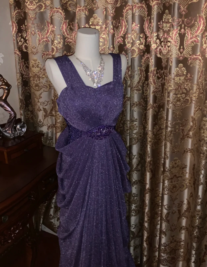 Sparkly Purple Tulle Sequin Beaded Pleated Mermaid Evening Dress Long Birthday Prom Gown D1750