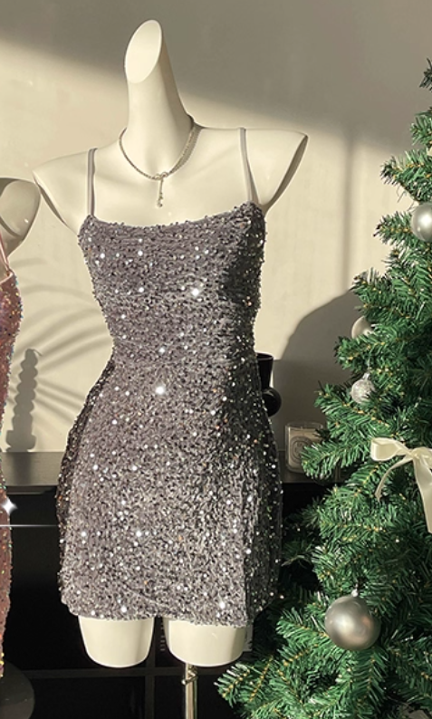 Sparkly Halter Sequin Sheath Cocktail Dress Pink Short Party Dress Homecoming Dress S672