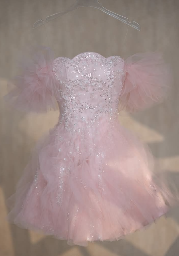 Sweet Pink Tulle Sequins A Line Mini Party Dress Homecoming Dress S263