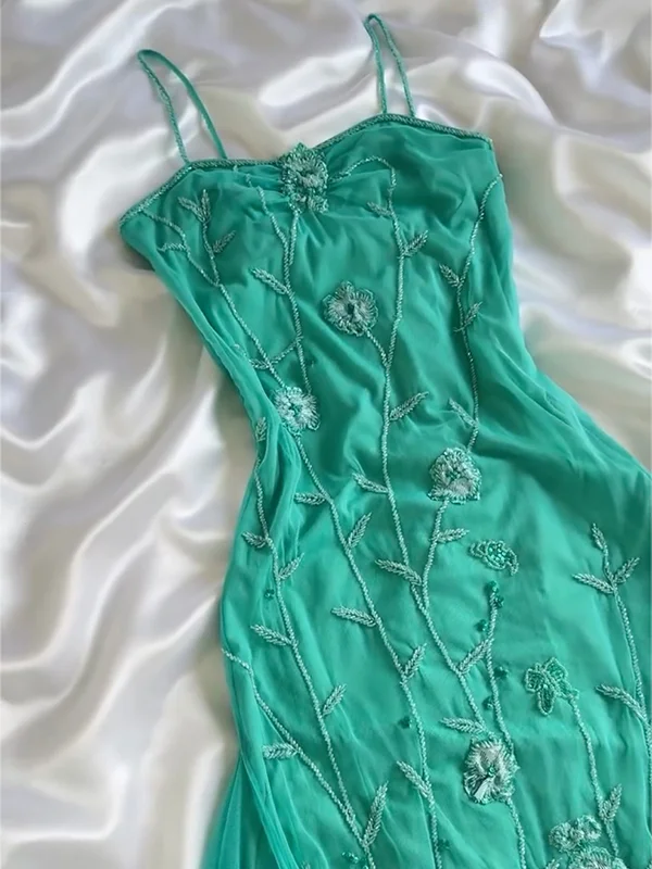 Classy Green Chiffon Lace Appliques Mermaid Prom Dress Long Party Dress D711