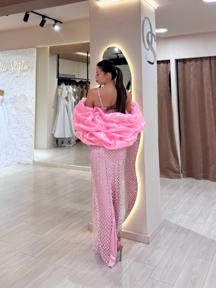 Gorgeous Spaghetti Straps Pink Sequin Beaded Mermaid Evening Dress Long Party Dress D1438