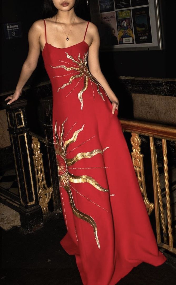 Gorgeous Spaghetti Straps Red Satin With Gold Sequin Long Party Dress Evening Dress D1387