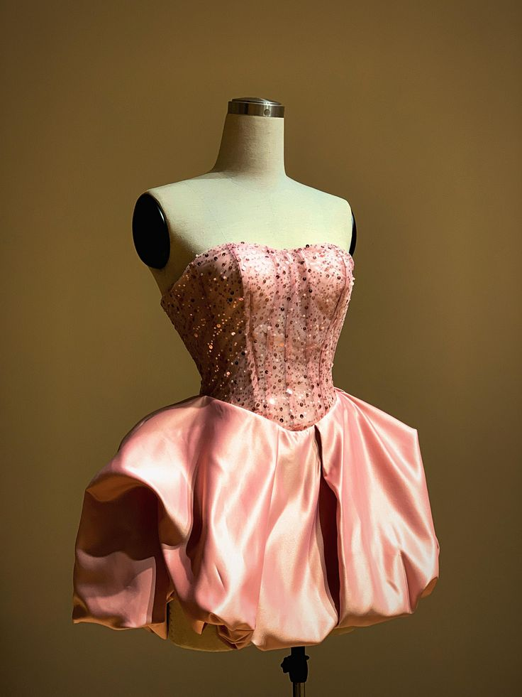 Pretty Strapless Hot Pink Satin Sequin A Line Short Homecoming Dress Formal 20th Birthday Outfits D773