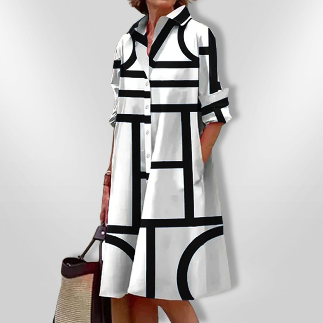 Geometric Print Collared Button Front Long Sleeve Midi Dress 3