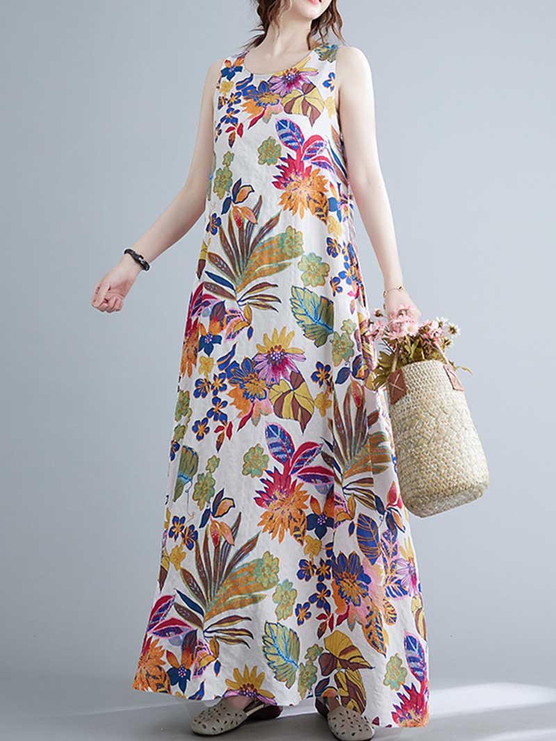 Sleeveless Cotton Floral A-Line Dress - Fashionpara