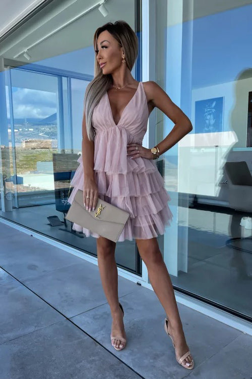 Tulle V-Neck Spaghetti Strap Tiered Ruffle Mini Dress