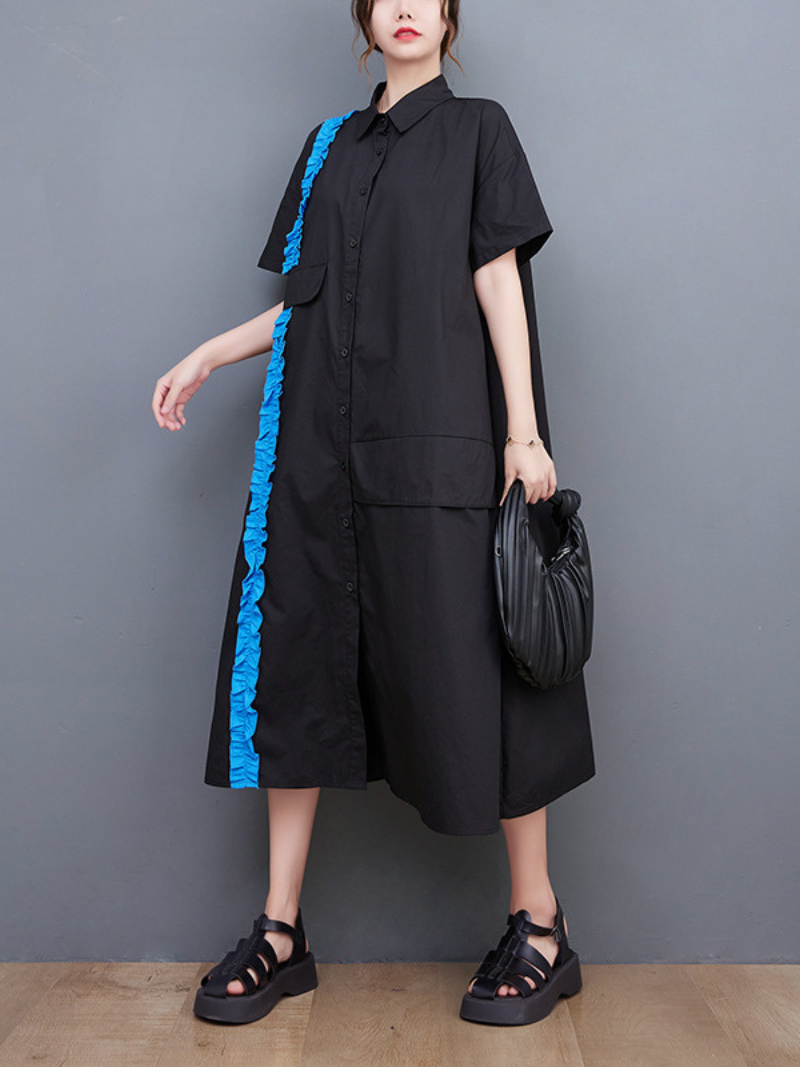Lightweight Short Sleeve Midi Waist Dress with Pockets - Fashionpara