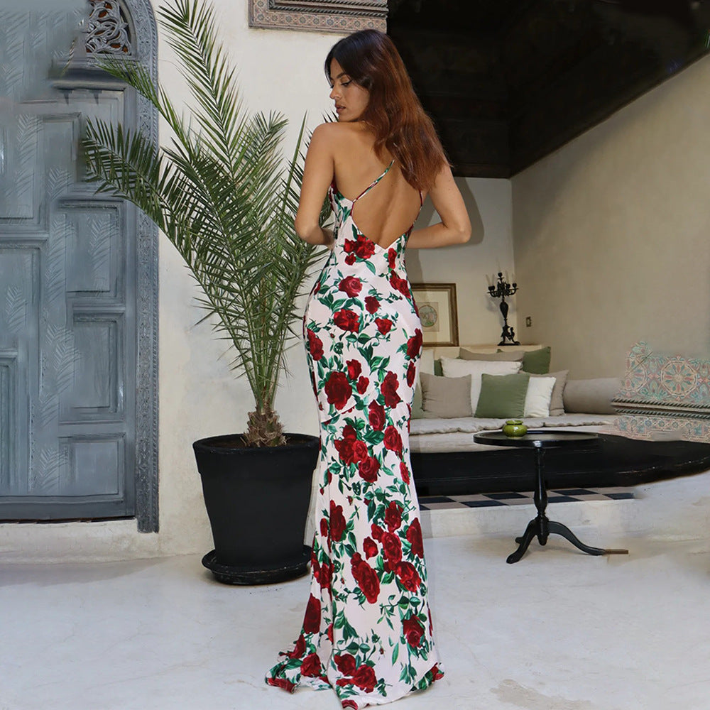 Floral Halter Cowl-Neck Backless Mermaid Maxi Dress 6