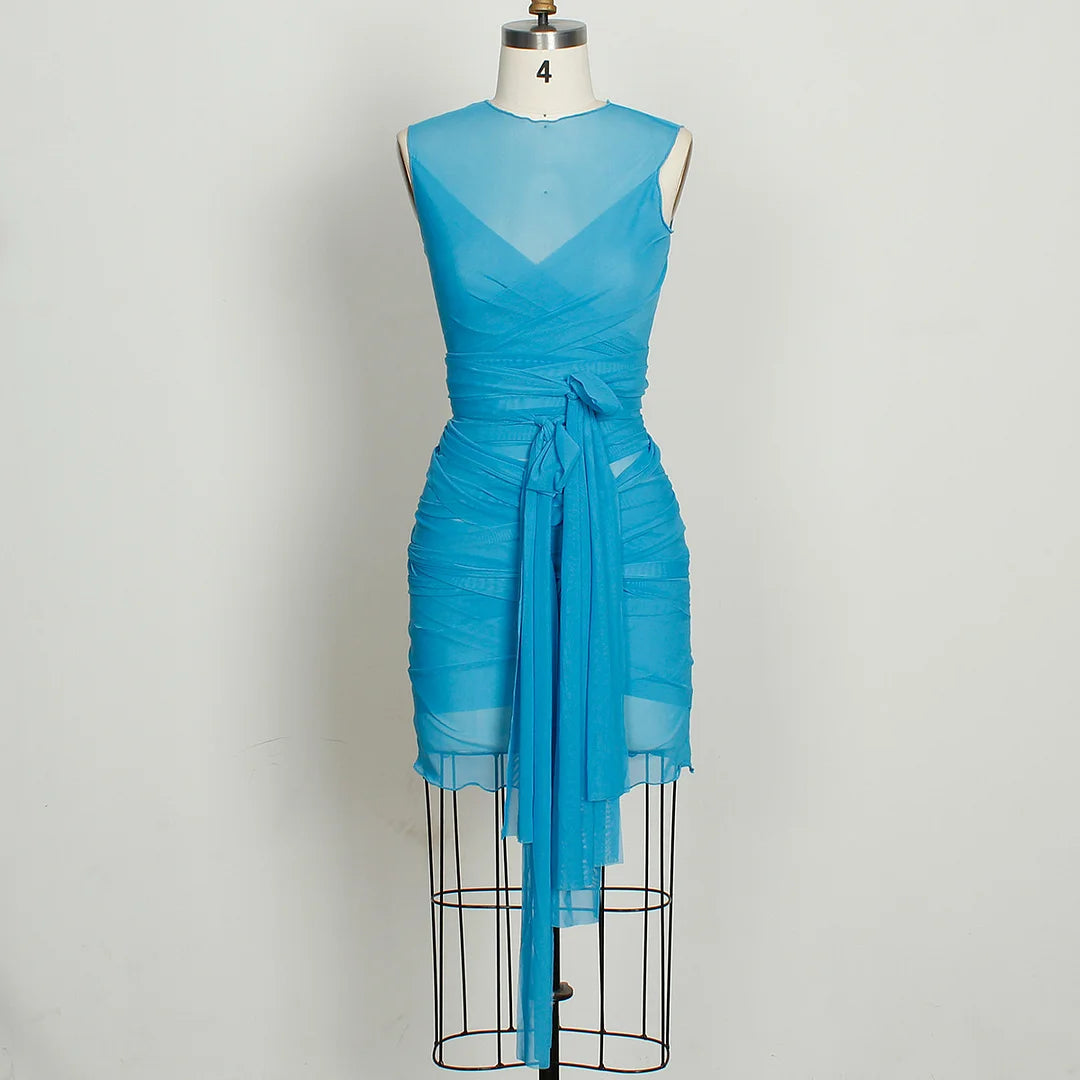 Sheer Mesh Wrap Tie Ribbon Mini Dress - Fashionpara