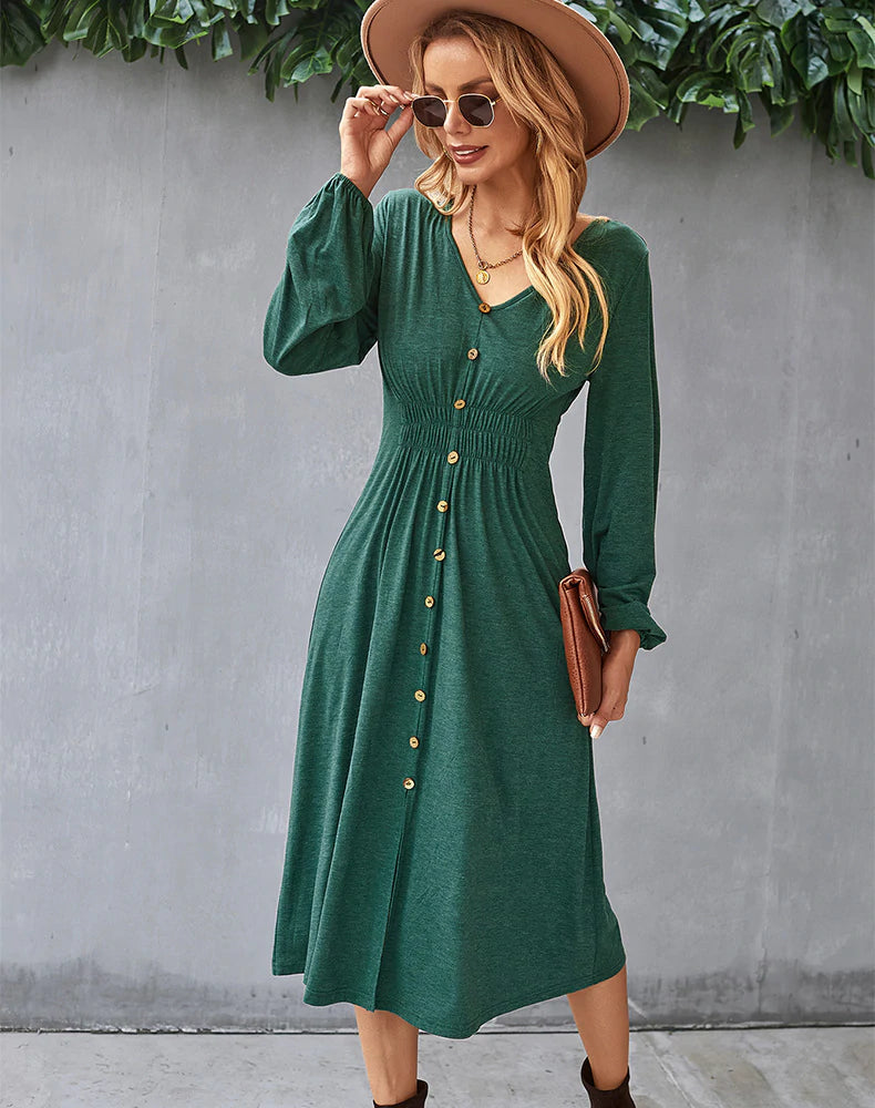 V-Neck Long Sleeve A-Line Dress S / Orange
