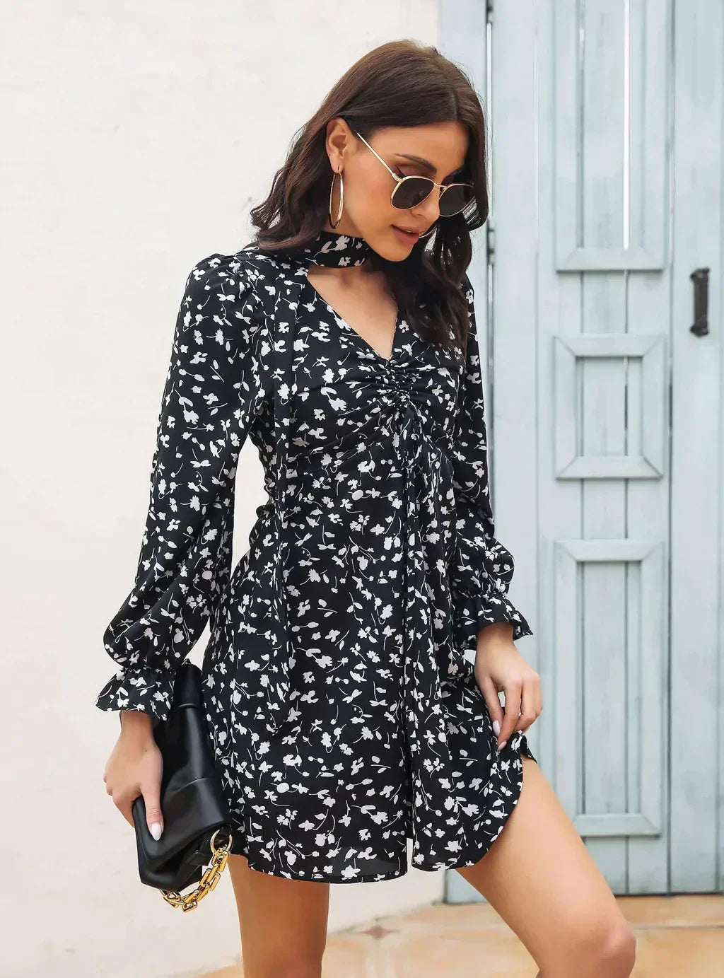 Floral Long Sleeve Ruched Tie Front Mini Dress 6