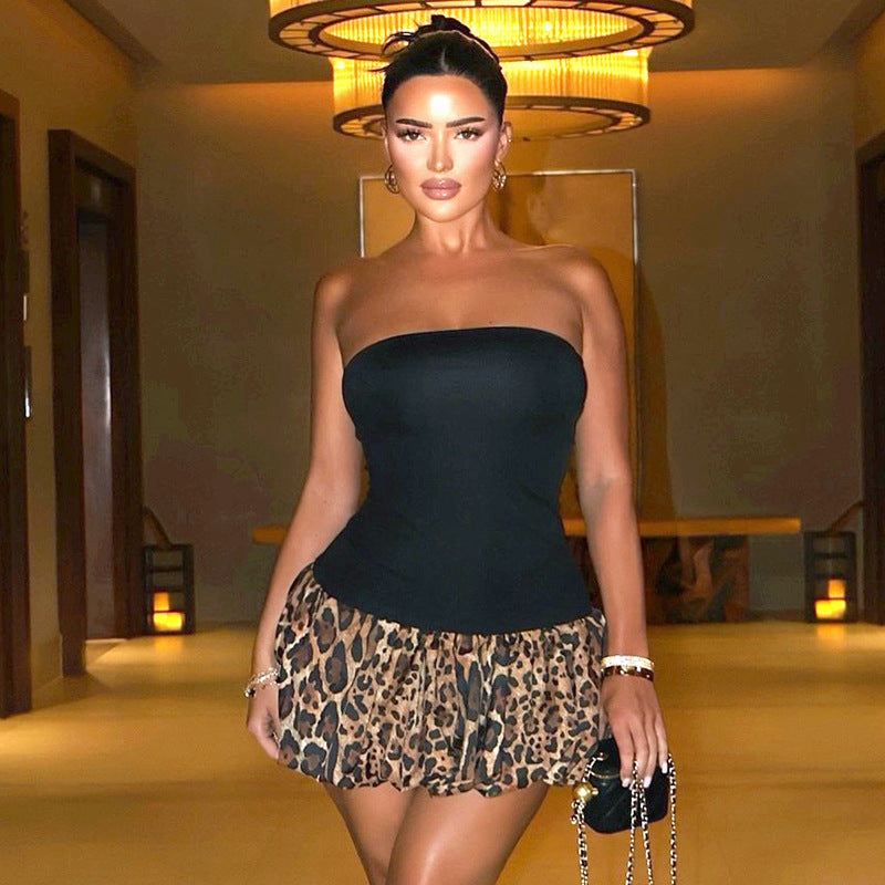 Leopard Print Strapless Puffball Hem Drop-Waist Mini Dress 6