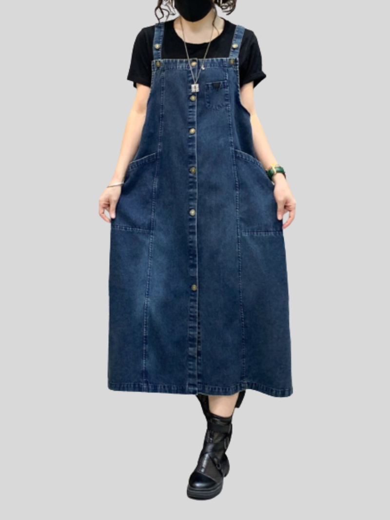 Denim Button-Front Suspender Strap Pocket A-Line Midi Dress 6