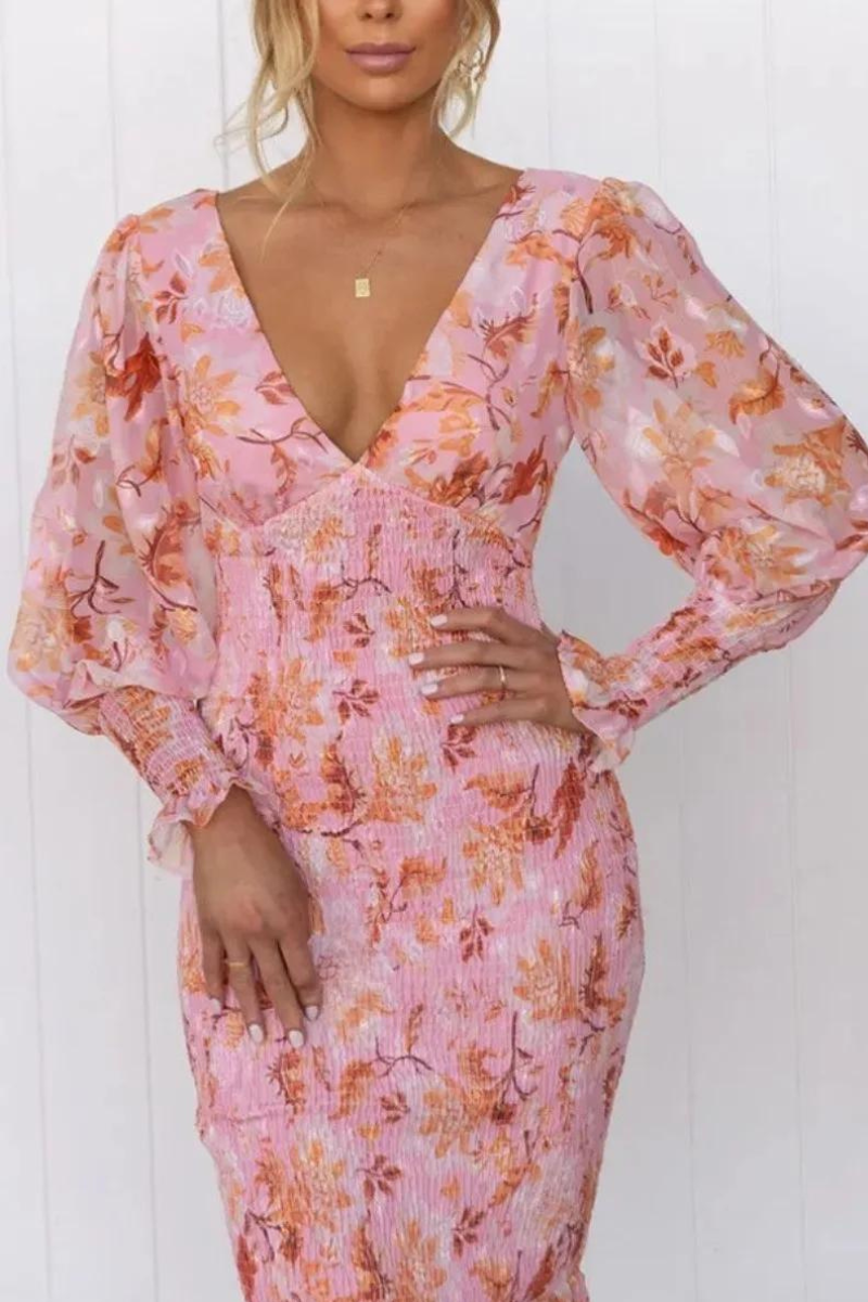 Floral Print Deep V-Neck Bishop Sleeve Ruffle Hem Mermaid Midi Dress - View 3