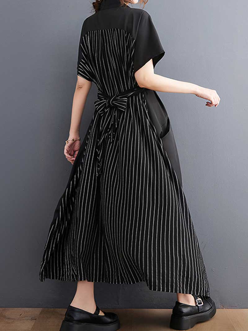 Cotton Short Sleeves Tie Style A-Line Dress - Fashionpara